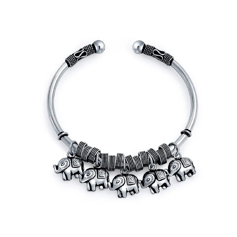 ladies bracelet mid-century-Bali Style Elephant Bangle Bracelet with 5 Charms in Antiqued Sterling Silver