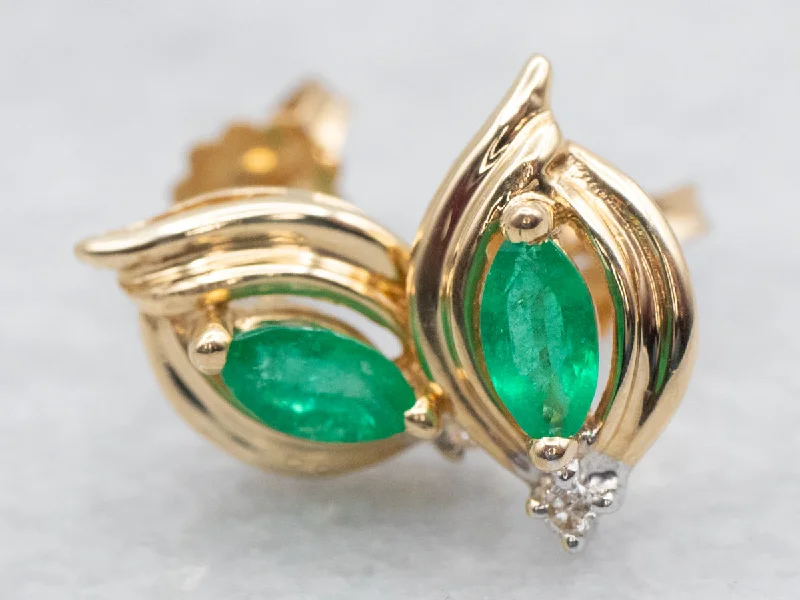 Ladies earrings channel set earrings-Gold Emerald and Diamond Stud Earrings