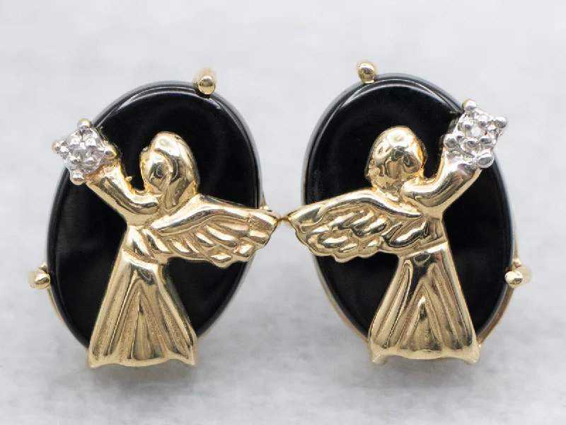 Ladies earrings uniform size styles-Yellow Gold Black Onyx and Diamond Stud Earrings with Angel