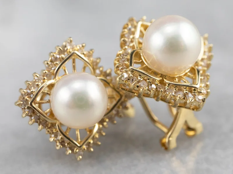 Ladies earrings Christmas gift designs-Yellow Gold Pearl and Diamond Earrings