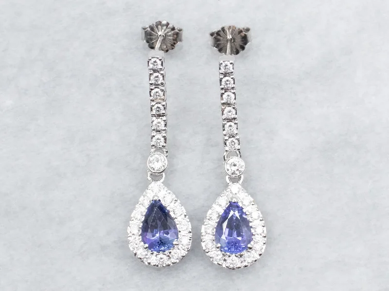 Ladies earrings tiered gem designs-Stunning Tanzanite and Diamond Halo Drop Earrings