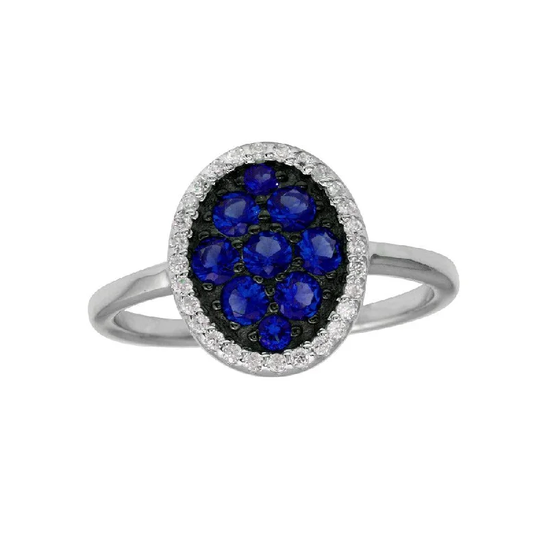 Ladies rings heart-shaped designs-Rhodium Plated 925 Sterling Silver Oval Ring with Blue and Clear CZ - BGR01233BLU