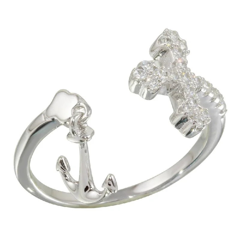 Ladies rings lab-created gem rings-Rhodium Plated 925 Sterling Silver Open Cross and Anchor Ring with CZ - BGR01146