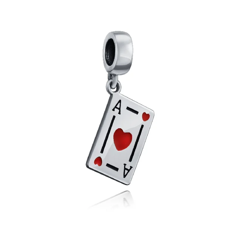 ladies bracelet crystal-Travel Casino Ace of Hearts Dangle Charm Bead Red Heart Sterling Silver Bracelet