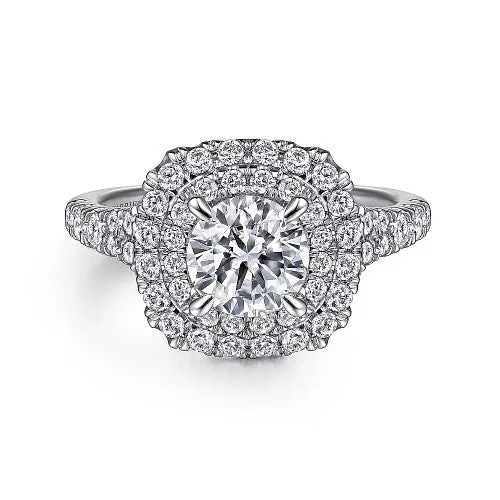 Ladies engagement rings mixed cut diamonds-Lexie - 14k White Gold Cushion Double Halo Round Diamond Engagement Ring