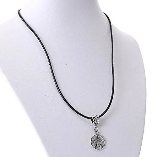 ladies necklace elegant platinum-Cowhide Leather Necklaces Antique Silver Round Star With Lobster Clasp 43cm long(16 7/8")