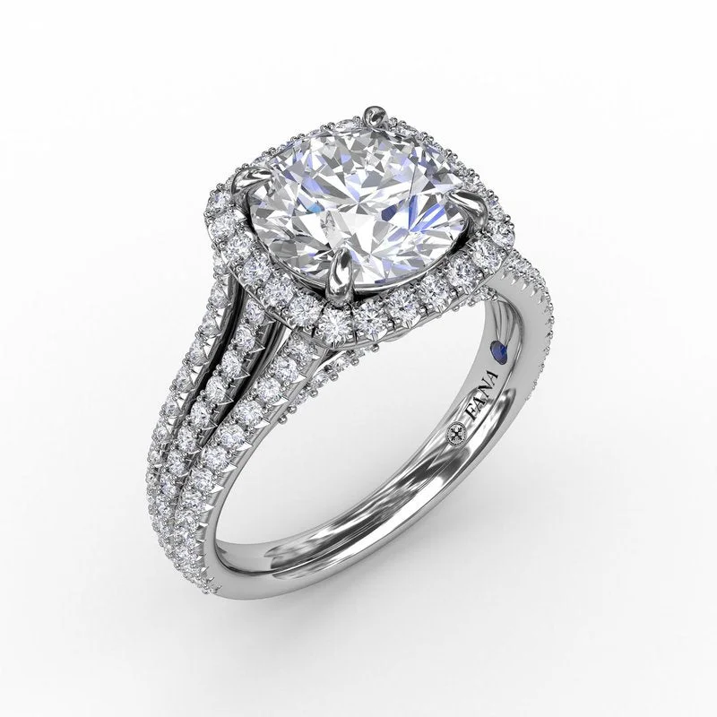 Ladies engagement rings luxurious appeal-Round Diamond Engagement Ring With Cushion-Shaped Halo and Triple-Row Diamond Band