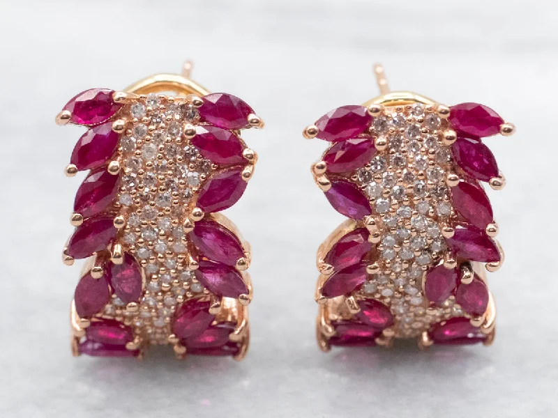 Ladies earrings iridescent finish designs-Rose Gold Ruby and Diamond Stud Earrings