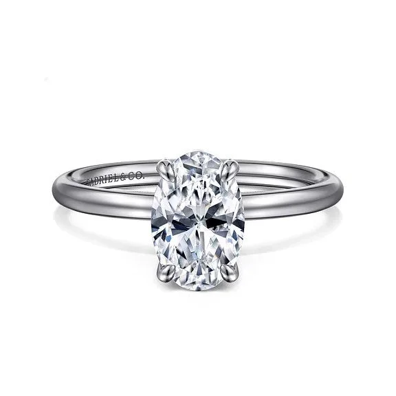 Ladies engagement rings matching halo bands-Tiana - 14K White Gold Oval Solitaire Diamond Engagement Ring (Setting Only)