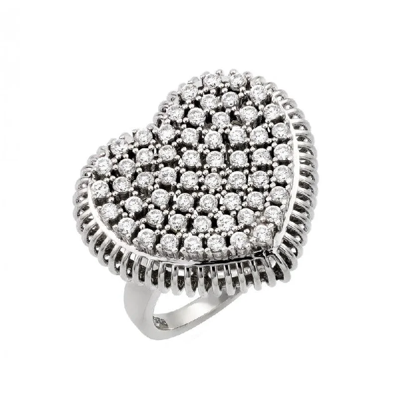 Ladies rings complex form styles-Silver 925 Rhodium Plated Pave Set Clear CZ Heart Ring - GMR00021