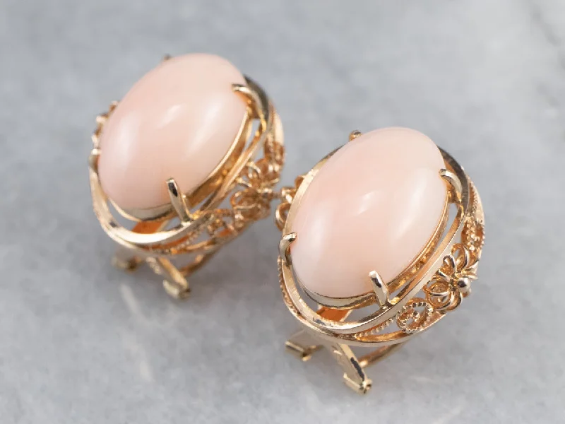 Ladies earrings timeless wedding styles-Pink Coral Rose Gold Filigree Statement Earrings