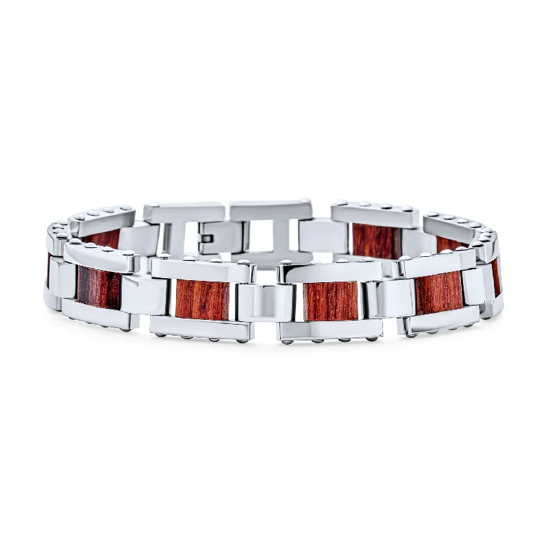 ladies bracelet mother’s silver-Men's Chain Link Bracelet with Rectangle Links and Brown Wood Silver Tone 8-9 Inch