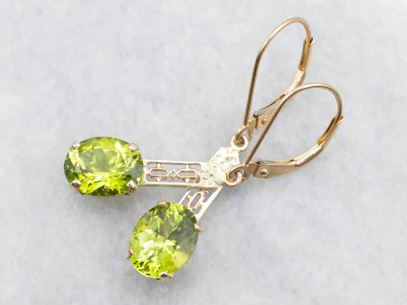 Ladies earrings durable craft designs-Yellow Gold Peridot Filigree Bar Drop Earrings