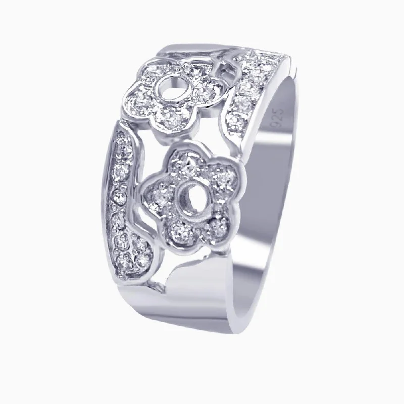 Ladies rings blue diamond styles-Silver 925 Rhodium Plated Pave Clear CZ Flower Ring - AAR0027