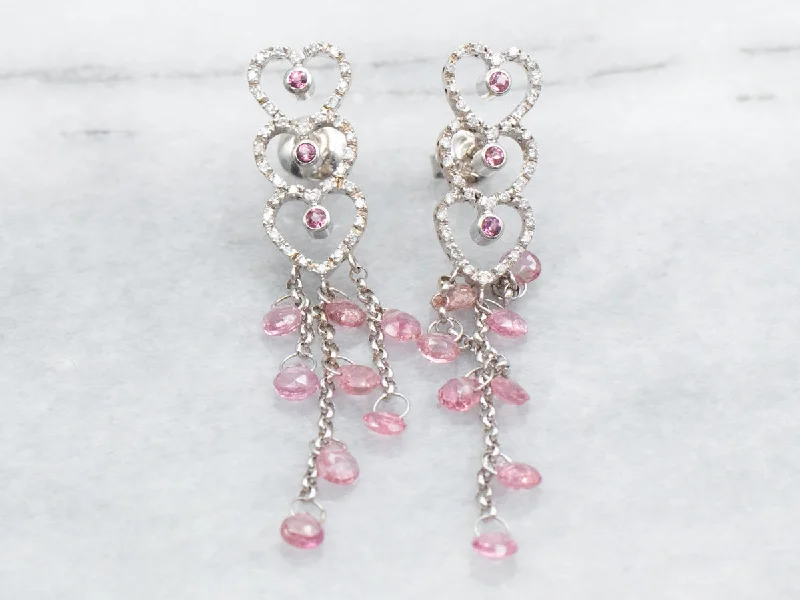 Ladies earrings raw stone earrings-White Gold Pink Tourmaline and Diamond Triple Heart Stud Dangle Earrings