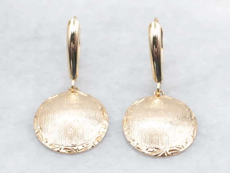 Ladies earrings low maintenance styles-Etched Disc Drop Earrings