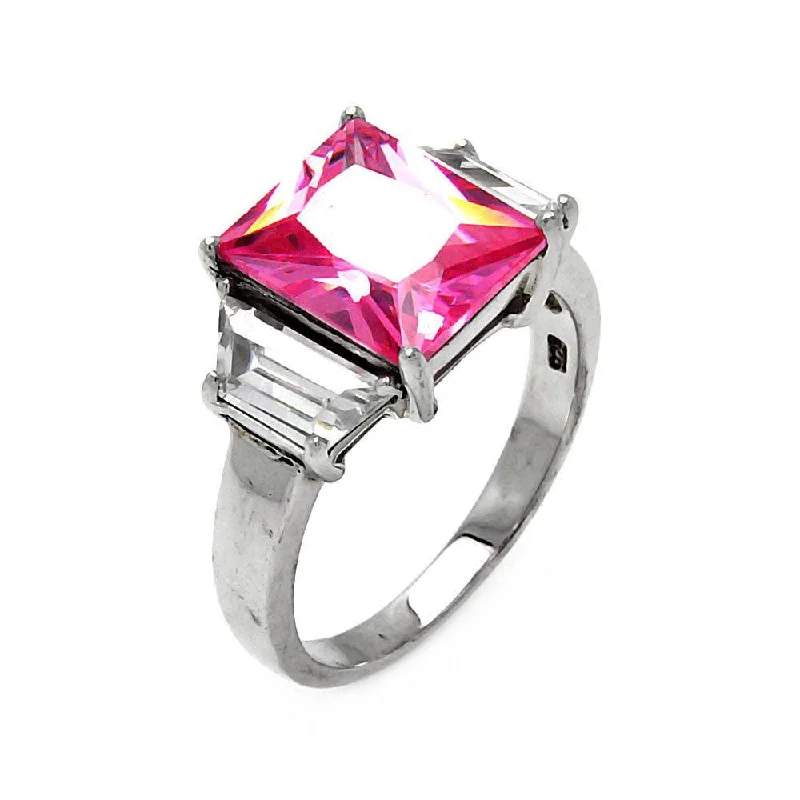 Ladies rings platinum luxury rings-Silver 925 Rhodium Plated Pink Princess Cut CZ Ring - STR00047PNK