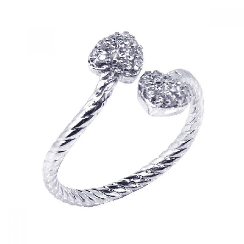 Ladies rings engagement gift ideas-Silver 925 Rhodium Plated CZ Adjustable Double Heart Ring - STR00328