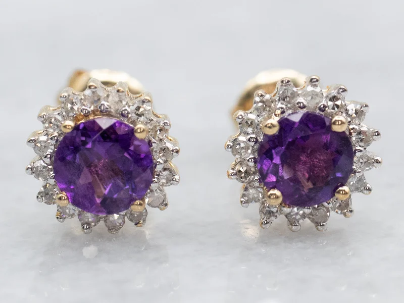 Ladies earrings smart buying advice-Amethyst and Diamond Halo Stud Earrings