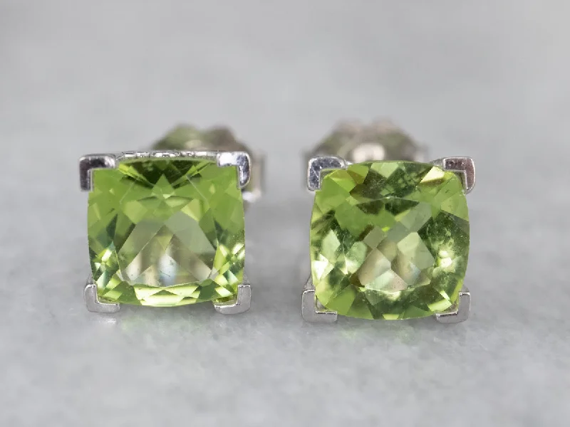 Ladies earrings tight fit earrings-Cushion Cut Peridot White Gold Stud Earrings