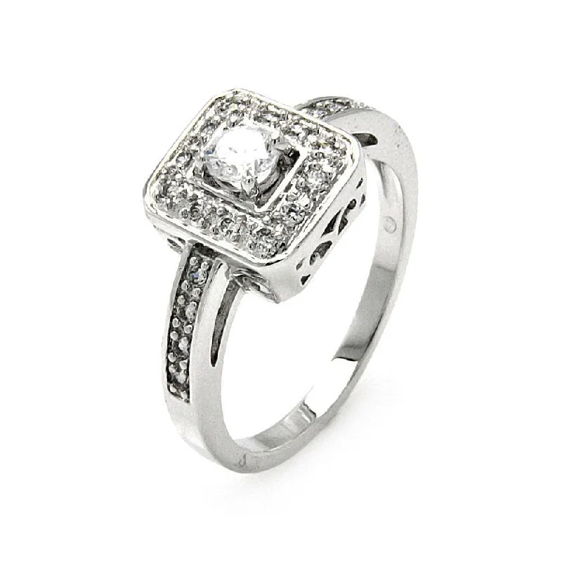 Ladies rings youthful charm designs-Silver 925 Rhodium Plated Round Center Clear Cluster CZ Square Ring - BGR00462