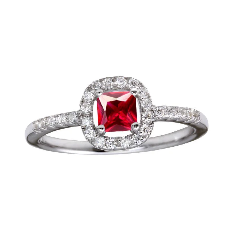 Ladies rings timeless wedding bands-Rhodium Plated 925 Sterling Silver Square Clear and Red CZ Center Stone Ring - BGR01222RED