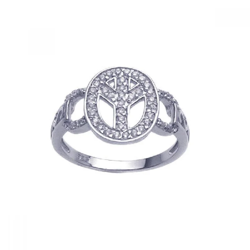 Ladies rings secure fit designs-Silver 925 Rhodium Plated CZ Wide Peace Sign Ring - STR00592