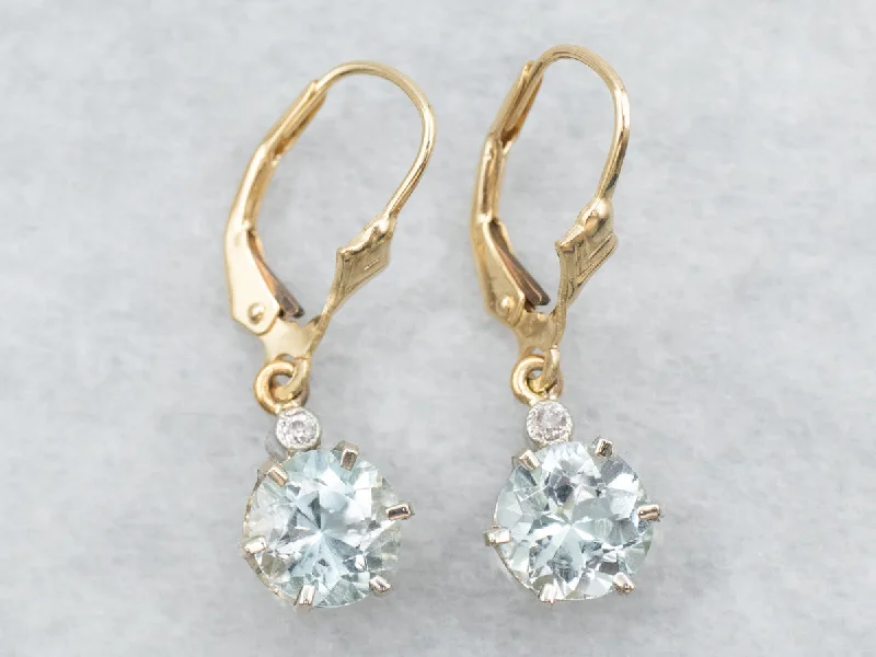 Ladies earrings raw diamond styles-Yellow and White Gold Round Cut Blue Topaz Drop Earrings with Old Mine Cut Diamond Accents