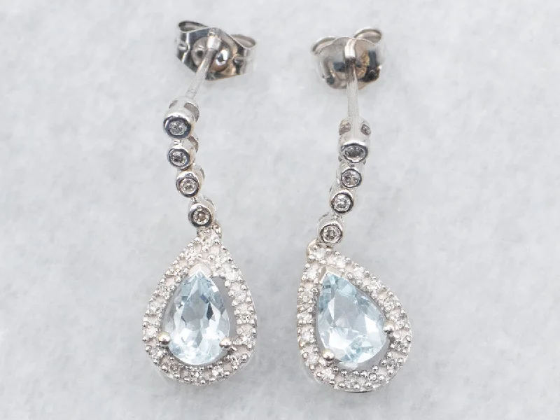 Ladies earrings brilliant cut designs-Teardrop Aquamarine and Diamond Halo Drop Earrings