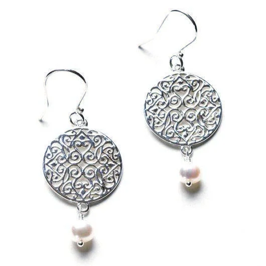 Ladies earrings rose gold drop styles-"Southern Gates" Round Earrings with Freshwater Pearls in Sterling Silver