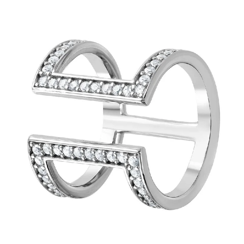 Ladies rings step cut styles-Silver 925 Rhodium Plated CZ Double Bar Ring - GMR00043