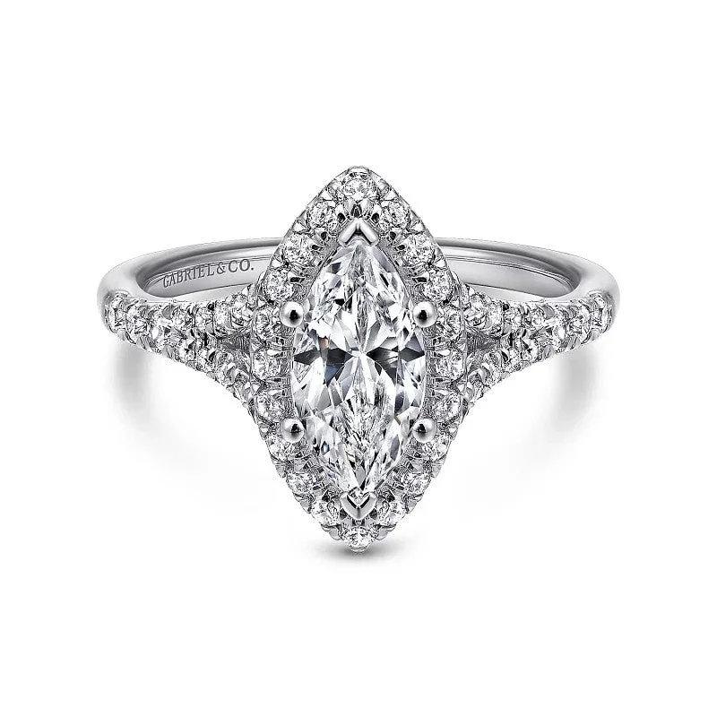 Ladies engagement rings engraved diamonds-Verbena - 14K White Gold Marquise Halo Diamond Engagement Ring (Setting Only)