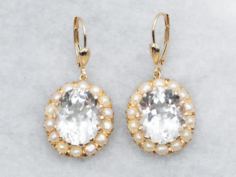 Ladies earrings salt-and-pepper designs-White Topaz Drop Earrings with Pearl Halo