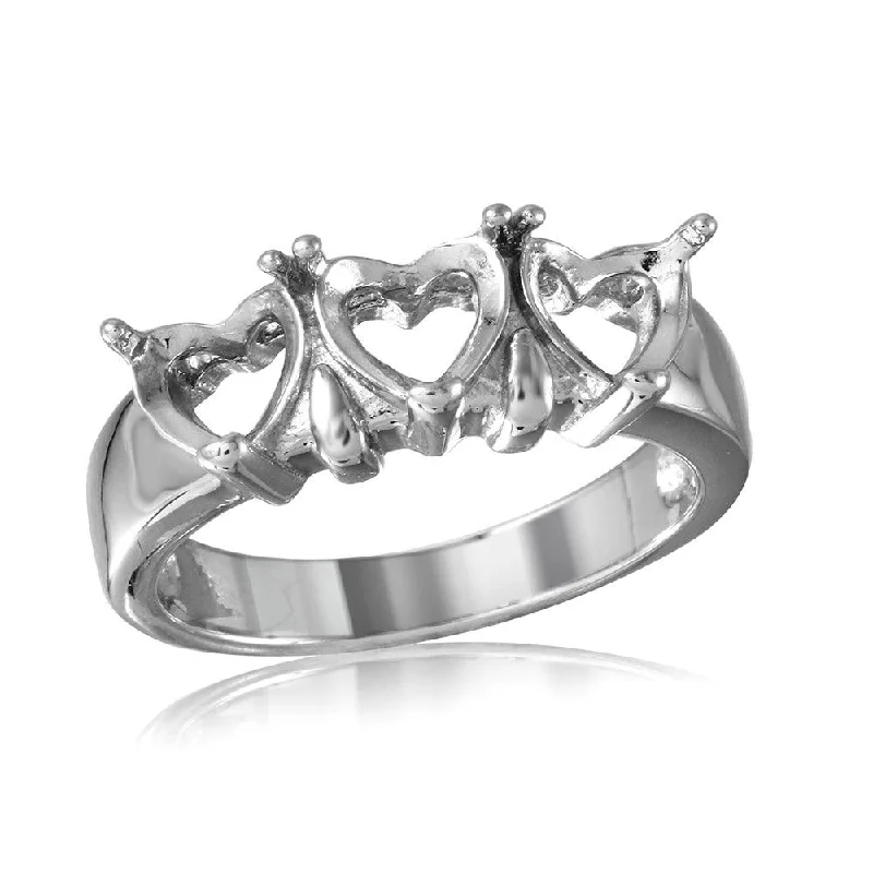 Ladies rings wave pattern rings-Silver 925 Rhodium Plated 3 Hearts Mounting Ring - BGR00501