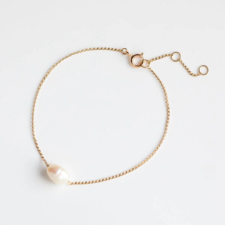 ladies bracelet rigid-Solid Gold Single Pearl Chain Bracelet