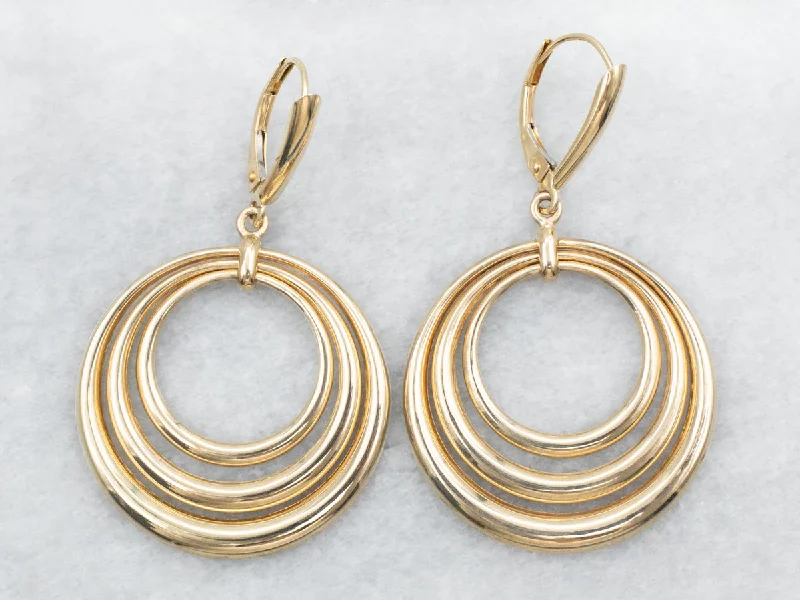 Ladies earrings handcrafted luxury styles-Yellow Gold Triple Circle Drop Earrings