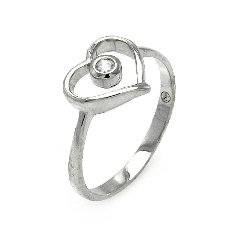 Ladies rings wave pattern rings-Silver 925 Rhodium Plated Small Round CZ Open Heart Ring - STR00901