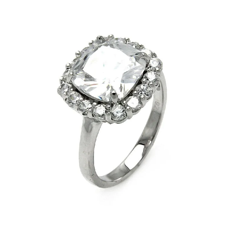 Ladies rings asscher cut designs-Silver 925 Rhodium Plated Clear Center and Cluster CZ Ring - STR00381