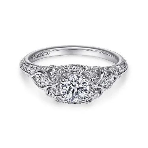 Ladies engagement rings anniversary halos-Abel - Unique 14K White Gold Vintage Inspired Diamond Halo Engagement Ring (Setting Only)