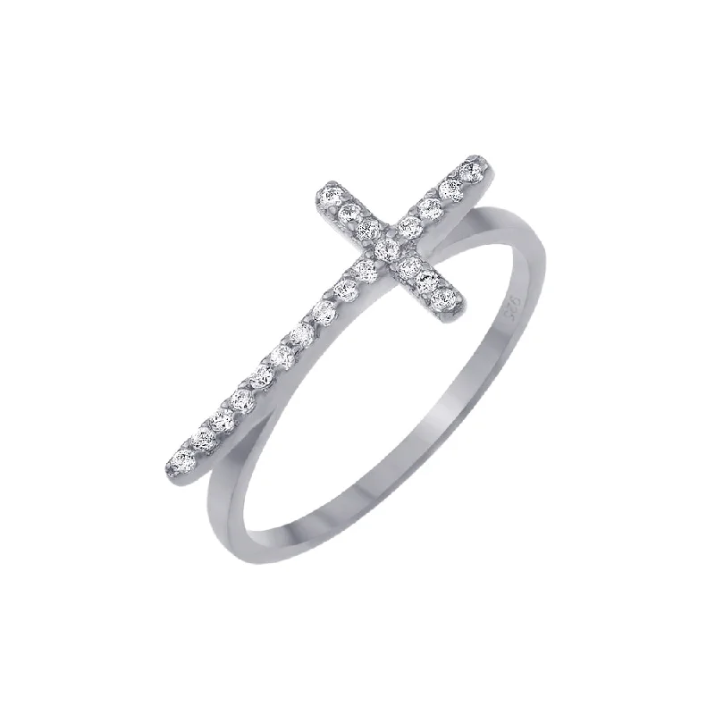 Ladies rings titanium durable picks-Silver 925 Rhodium Plated Clear CZ Cross Ring - BGR00810RHD