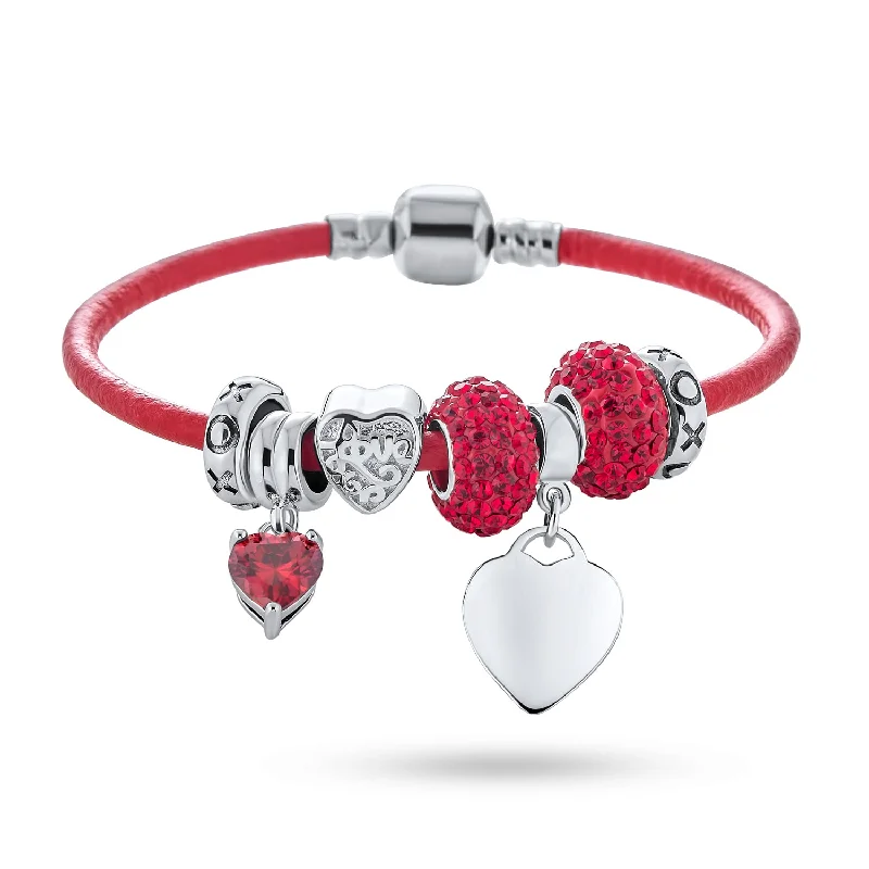 ladies bracelet smooth-Heart Lover Couples Valentine Charm Bracelet with Red Leather & Silver Clasp