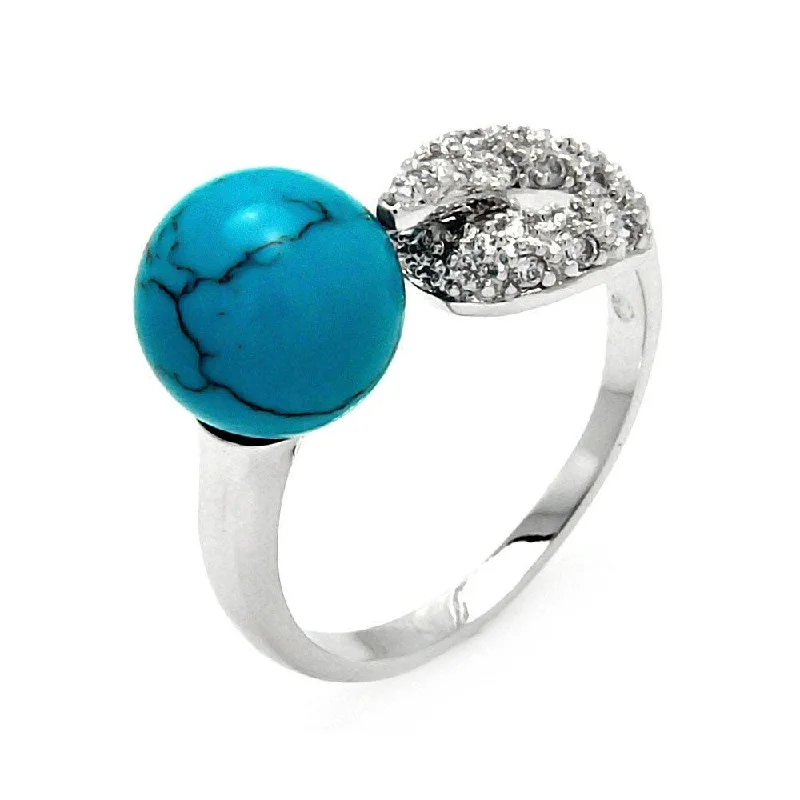 Ladies rings Native American styles-Silver 925 Rhodium Plated Round Turquoise Clear Pave Set CZ Hook Ring - BGR00555