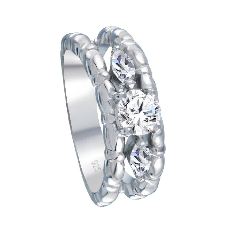 Ladies rings anniversary band designs-Silver 925 Rhodium Plated Clear Round and Marquise CZ Ring - AAR0031