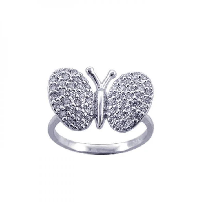 Ladies rings sturdy build rings-Silver 925 Rhodium Plated Pave Set CZ Butterfly Ring - STR00570