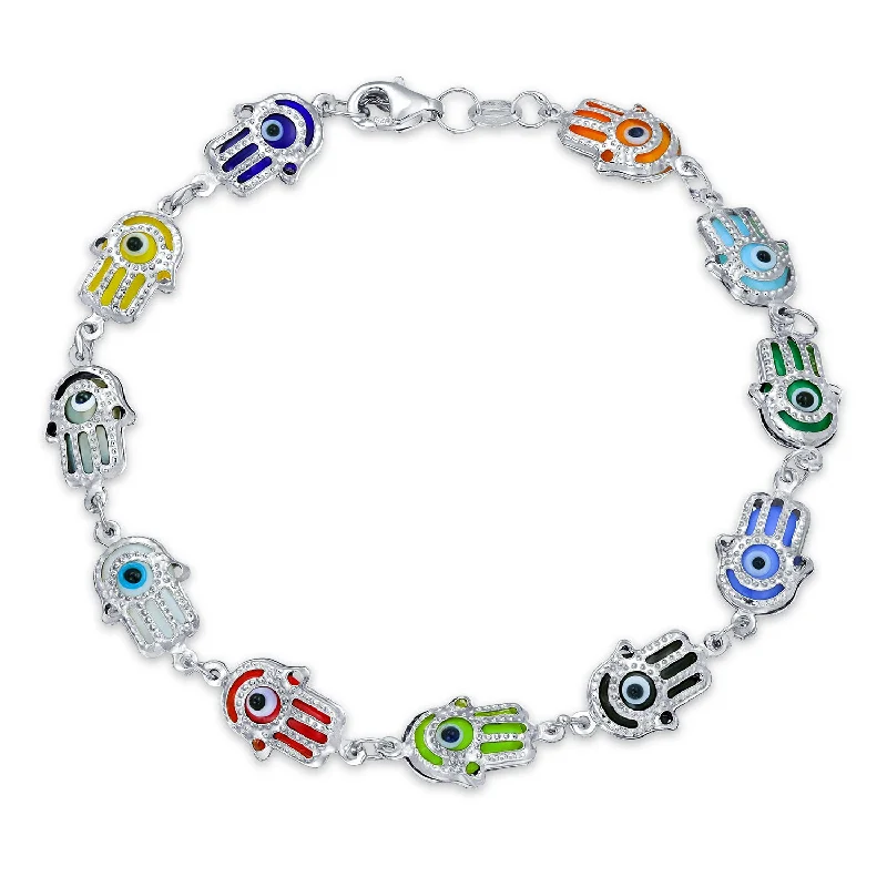 ladies bracelet dramatic-Delicate Strand Bracelet with Hamsa Hand & Evil Eye Charms in Sterling Silver