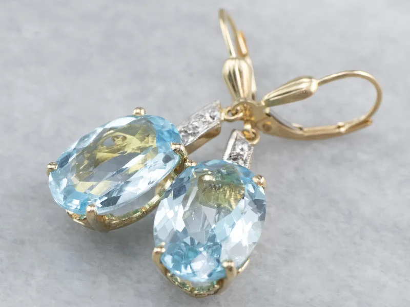 Ladies earrings floral cluster designs-Blue Topaz and Diamond Drop Earrings