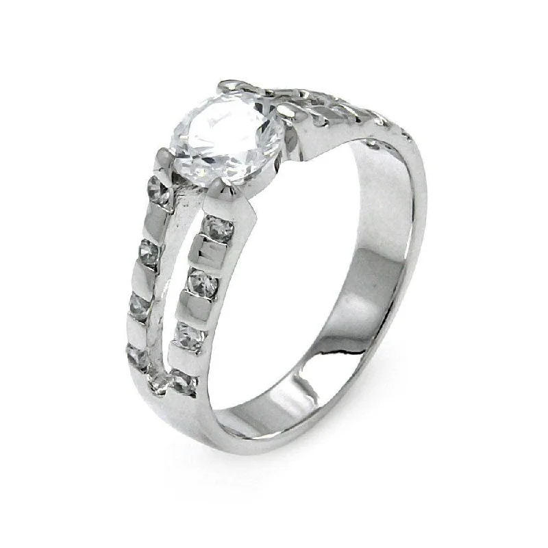 Ladies rings textured band designs-Silver 925 Rhodium Plated Clear Round Center CZ Bridal Ring - BGR00520