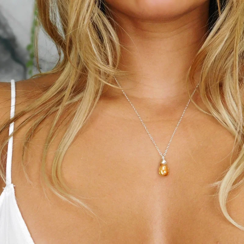 ladies necklace summer silver-Citrine Drop Necklace