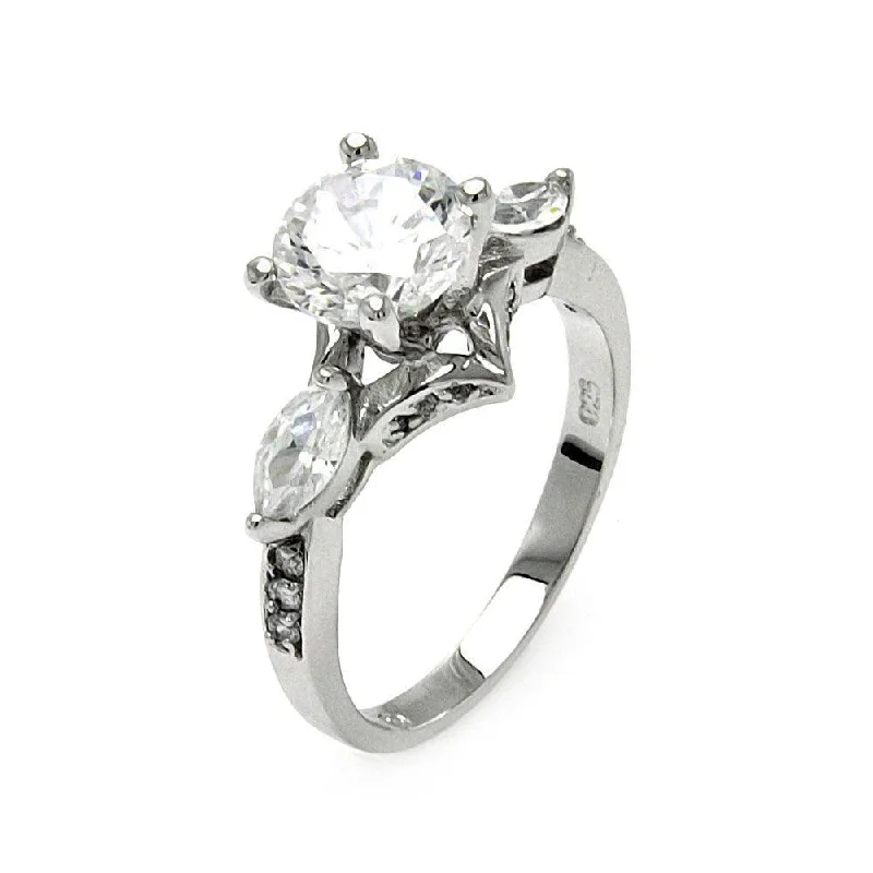 Ladies rings shiny gold rings-Silver 925 Rhodium Plated Clear Round Center and Marquise Sides CZ Bridal Ring - BGR00554