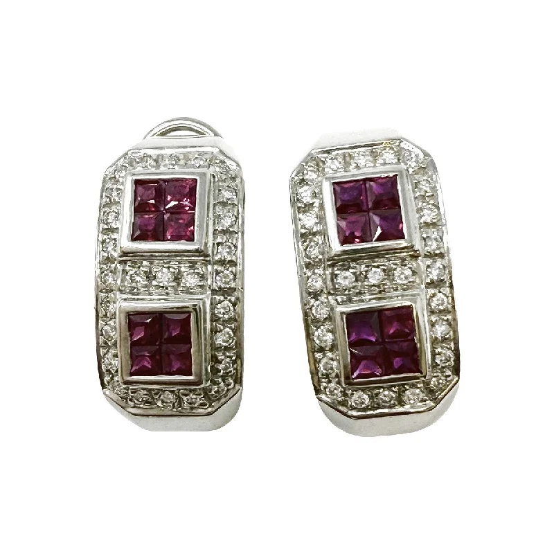 Ladies earrings bold weight earrings-14K White Gold Huggie Earrings with Ruby and Diamonds